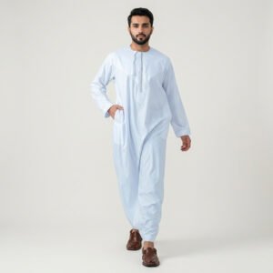 Men’s Plain White Embroidered Thobe