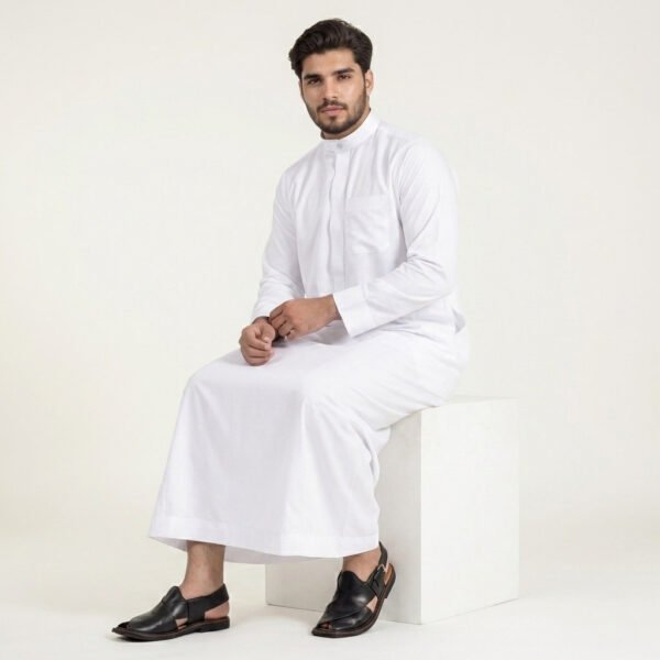 Men's Simple White Ban Collard Thobe