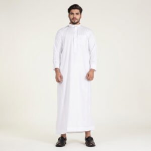 Men's Simple White Ban Collard Thobe