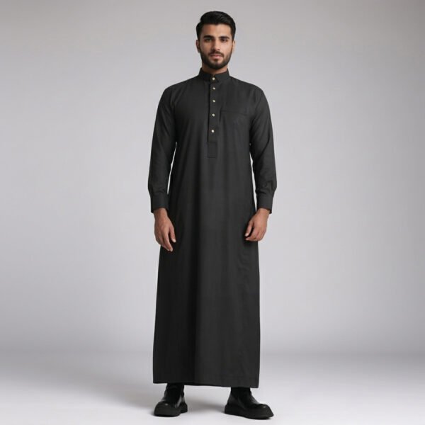 Plain Black Color Thobe With Collar For Men