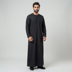 Pla in Black Omani Thobe With Cuff Sleeves For Men