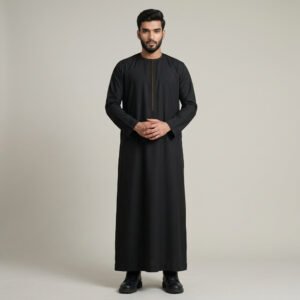 Plain Black Omani Thobe With Piping For Men Plain Black Omani Thobe With Piping For Men