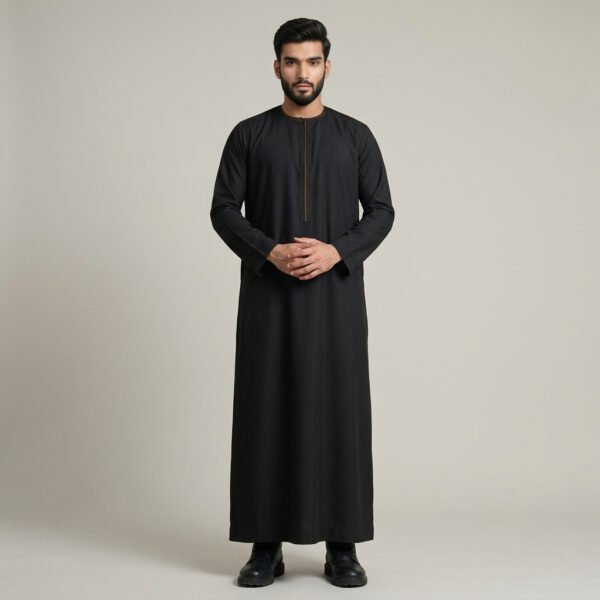 Plain Black Omani Thobe With Piping For Men