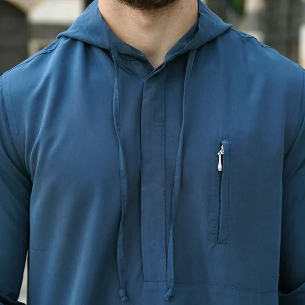 Dark Grey Blue men's thobe with hood