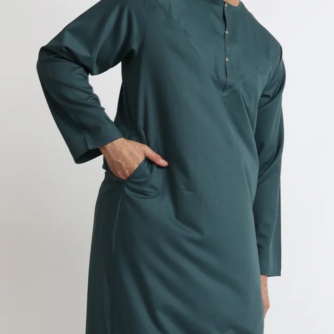 Men's Full Length Islamic Thobe Button Up Light Green & Navy