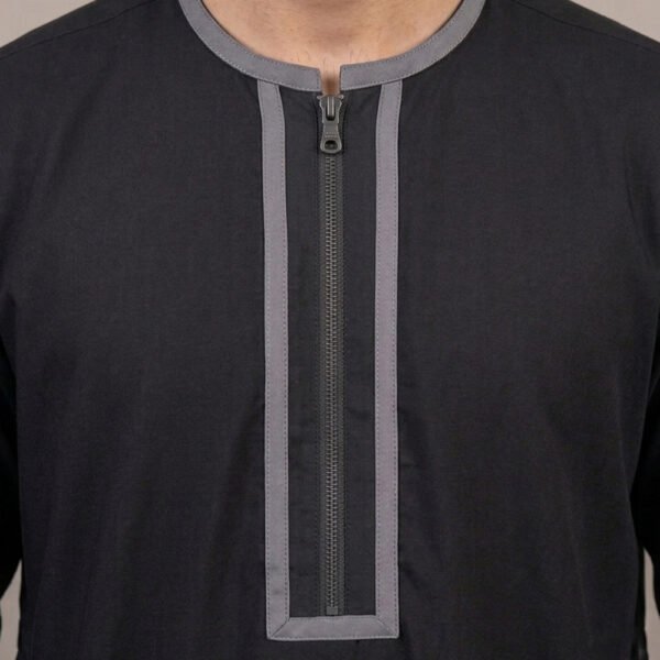 black thobe neckline closeup Black Wash and Wear Thobe For Men Omani Style
