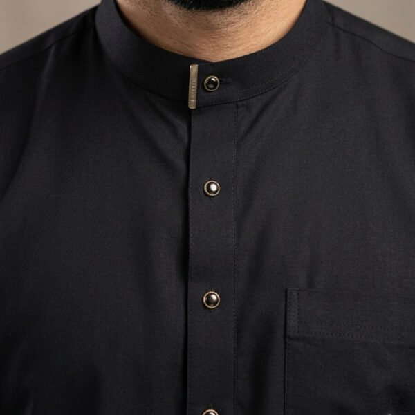 black thobe neckline closeup with button Arabian Style Black Islamic Men's Thobe UK