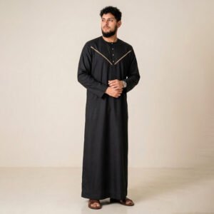 Mens Omani Style Black and Gold Thobe