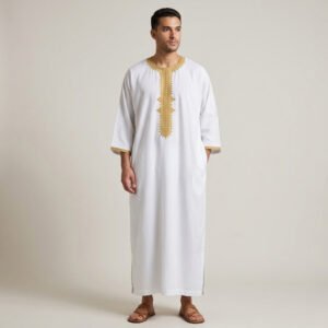 Classic Embroidered White and Gold Moroccan Thobe