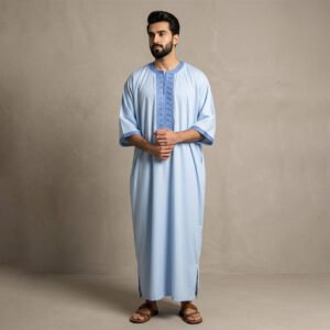 Embroidered Mens light blue moroccan thobe