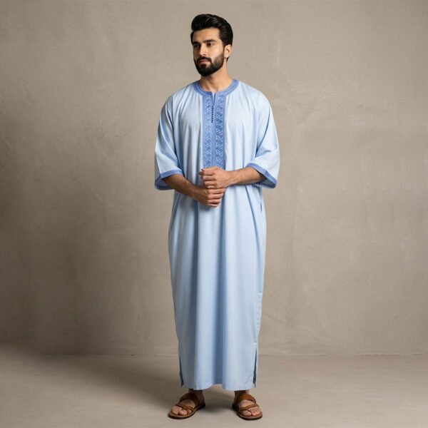 Embroidered Mens light blue moroccan thobe