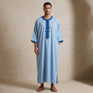 Contrast Embroidered Light Blue Moroccan Thobe