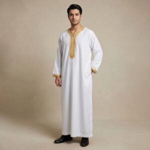 Embroidered White and Gold Moroccan Thobe