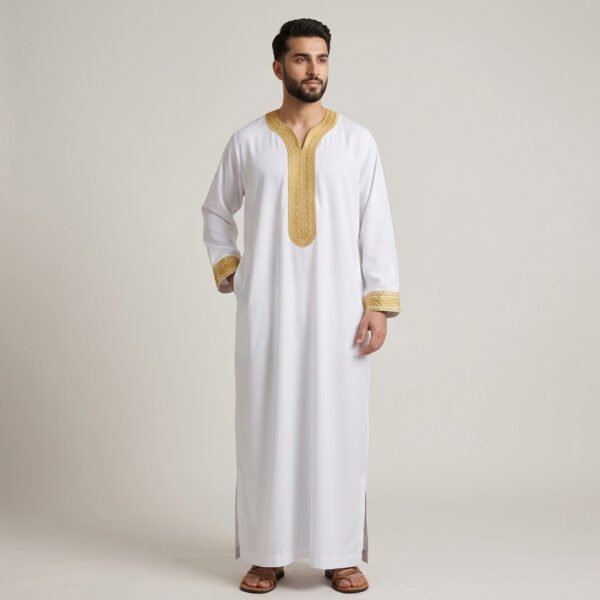 Modren White and Gold Moroccan Thobe Modren White and Gold Moroccan Thobe