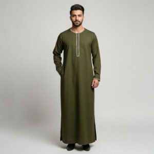Omani Embroidered Olive Green Thobe