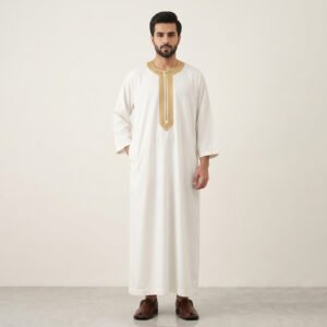 Traditional Embroidered White and Gold Moroccan Thobe
