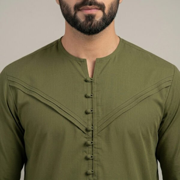Traditional Emirati-Style Olive Green Thobe (2) Traditional Emirati-Style Olive Green Thobe
