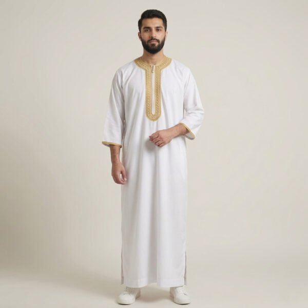 Traditional White and Gold Moroccan Thobe