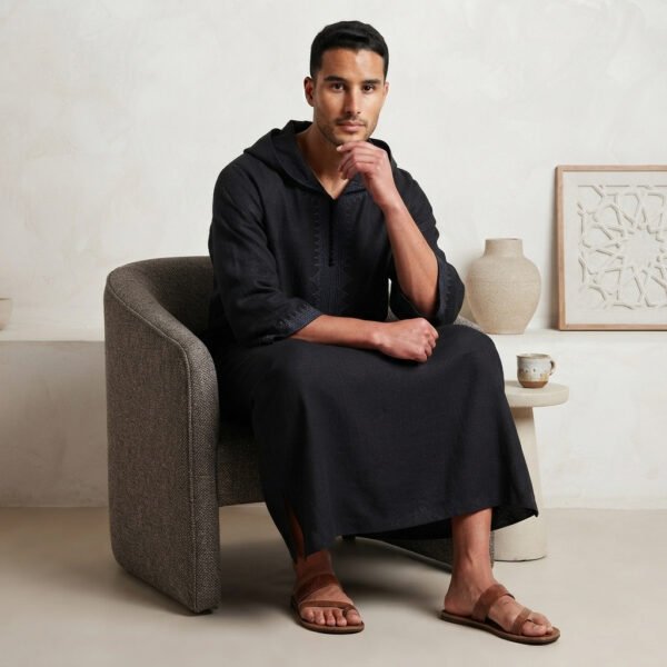 Black Embroidered Moroccan Thobe With Hood (2) Black Embroidered Moroccan Thobe With Hood