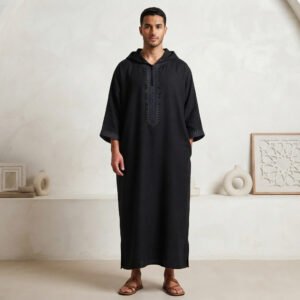 Black Embroidered Moroccan Thobe With Hood
