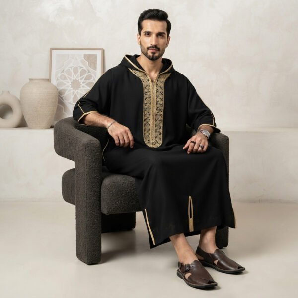 Designer Black Moroccan Hooded Thobe UK (2)