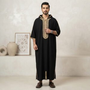 Designer Black Moroccan Hooded Thobe UK Designer Black Moroccan Hooded Thobe UK