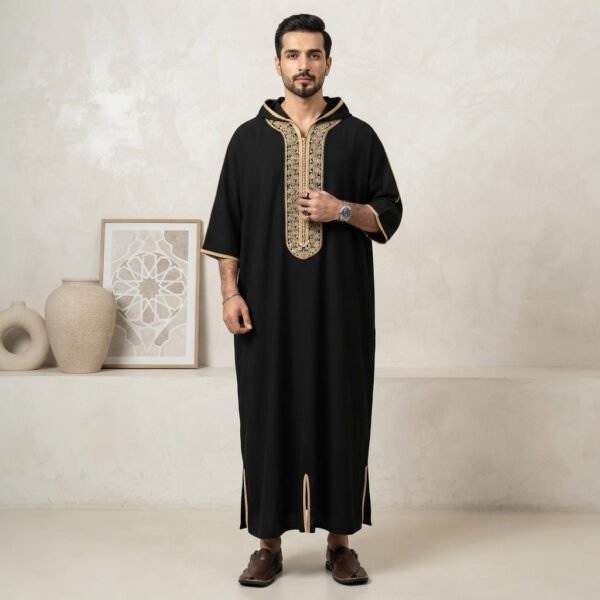 Designer Black Moroccan Hooded Thobe UK