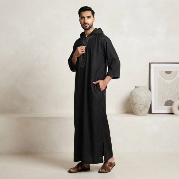 Elegant Black Moroccan Hooded Thobe (2) Elegant Black Moroccan Hooded Thobe