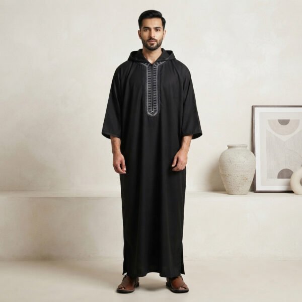 Elegant Black Moroccan Hooded Thobe Elegant Black Moroccan Hooded Thobe