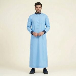 Ice Blue Men's Thobe with Navy Contrast