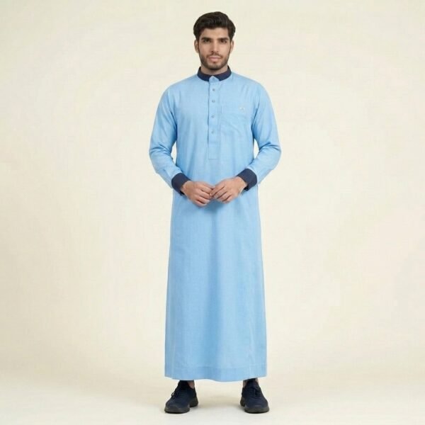 Ice Blue Men's Thobe with Navy Contrast