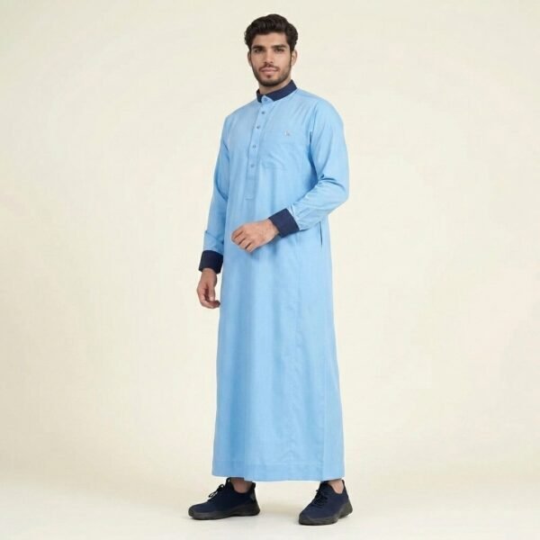 Ice Blue Men's Thobe with Navy Contrast