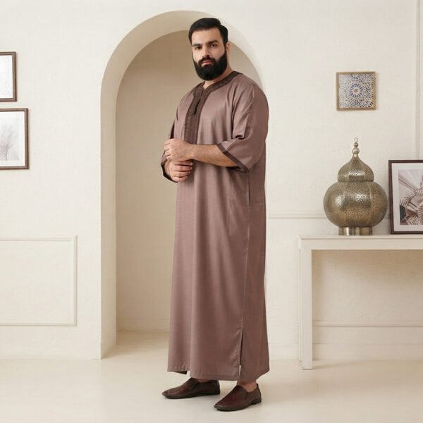 Light Brown Embroidered Men Moroccan 6xl Thobe Light Brown Embroidered Men Thobes UK 6XL