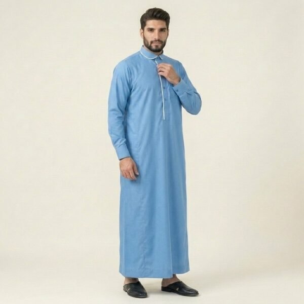 Premium Ice Blue Men's Thobe with White Piping (2) Premium Ice Blue Men's Thobe with White Piping (2)