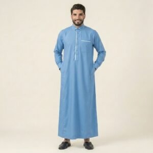 Premium Ice Blue Men's Thobe with White Piping