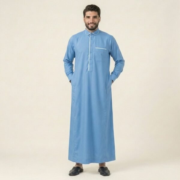 Premium Ice Blue Men's Thobe with White Piping Premium Ice Blue Men's Thobe with White Piping