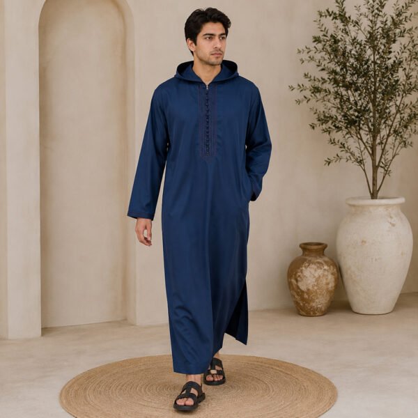 Designer Navy Blue Moroccan Djellaba with Hood (2) Designer Navy Blue Moroccan Djellaba with Hood