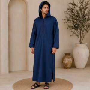 Designer Navy Blue Moroccan Djellaba with Hood