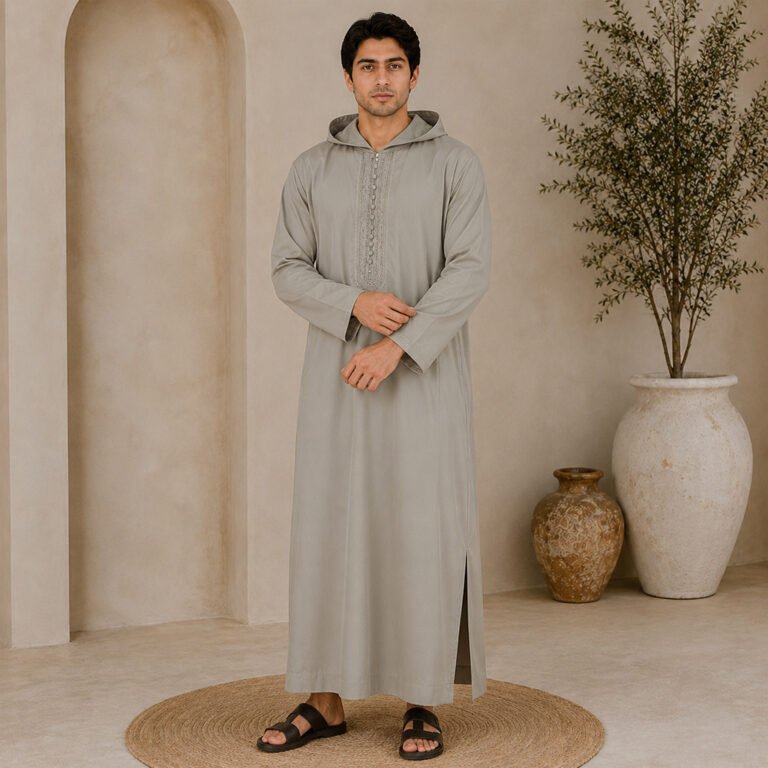 Light grey Moroccan djellaba for men, everyday wear