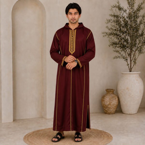 Elegant Maroon & Gold Men Moroccan Djellaba