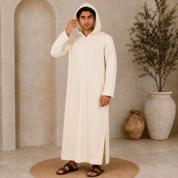 Luxury Off-White Moroccan Djellaba with Hood (2) Luxury Off-White Moroccan Djellaba with Hood