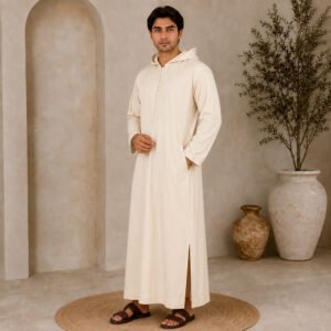 Luxury Off-White Moroccan Djellaba with Hood