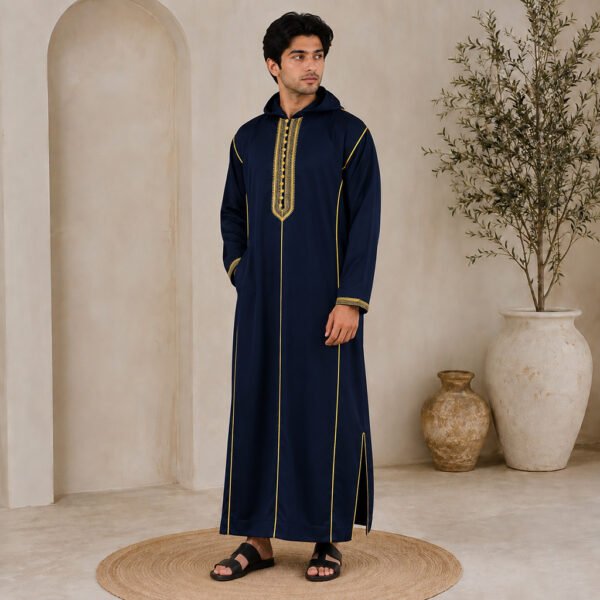 Stylish Navy Blue Moroccan Djellaba with Hood (2) Stylish Navy Blue Moroccan Djellaba with Hood (2)