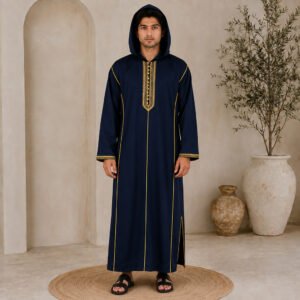 Stylish Navy Blue Moroccan Djellaba with Hood