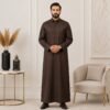 Dark Brown Collared Woolen Thobes For Winter