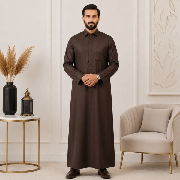 Dark Brown Collared Woolen Thobes For Winter