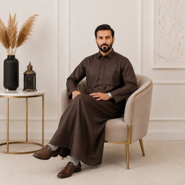 Dark Brown Collared Woolen Thobes For Winter