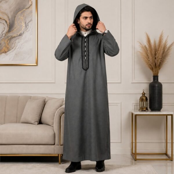 Dark Grey Hooded Woolen Thobes For Winter