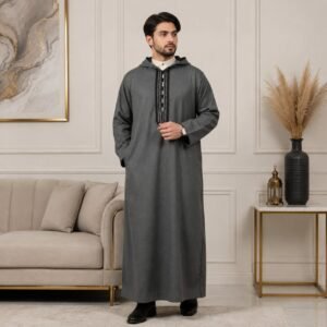 Dark Grey Hooded Woolen Thobes For Winter