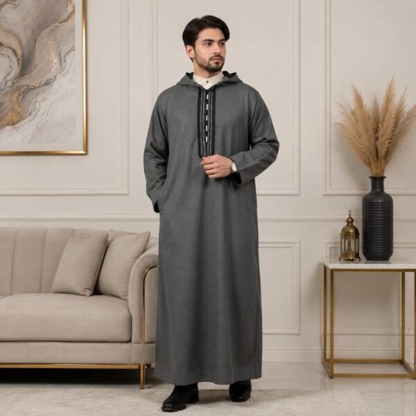 Dark Grey Hooded Woolen Thobes For Winter